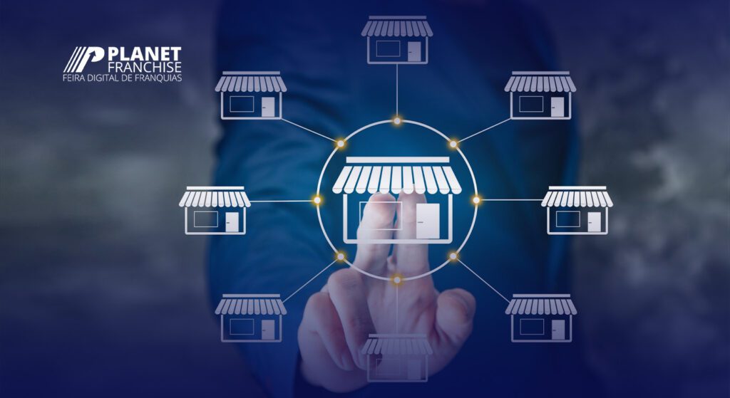 Ilustração do modelo de franquias com uma rede de lojas conectadas digitalmente, representando o crescimento do mercado de franquias em 2024.