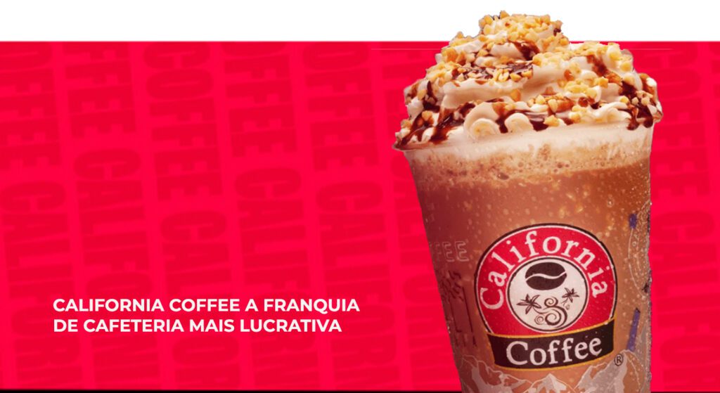 Copo de ice blend California Coffee com chantilly e calda, sobre fundo vermelho com texto ‘California Coffee: a franquia de cafeteria mais lucrativa. Planet Franchise