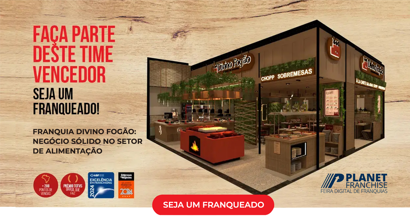 Fachada moderna do restaurante Divino Fogão em shopping, destacando ambiente acolhedor e convite para novos franqueados. Planet Franchise.