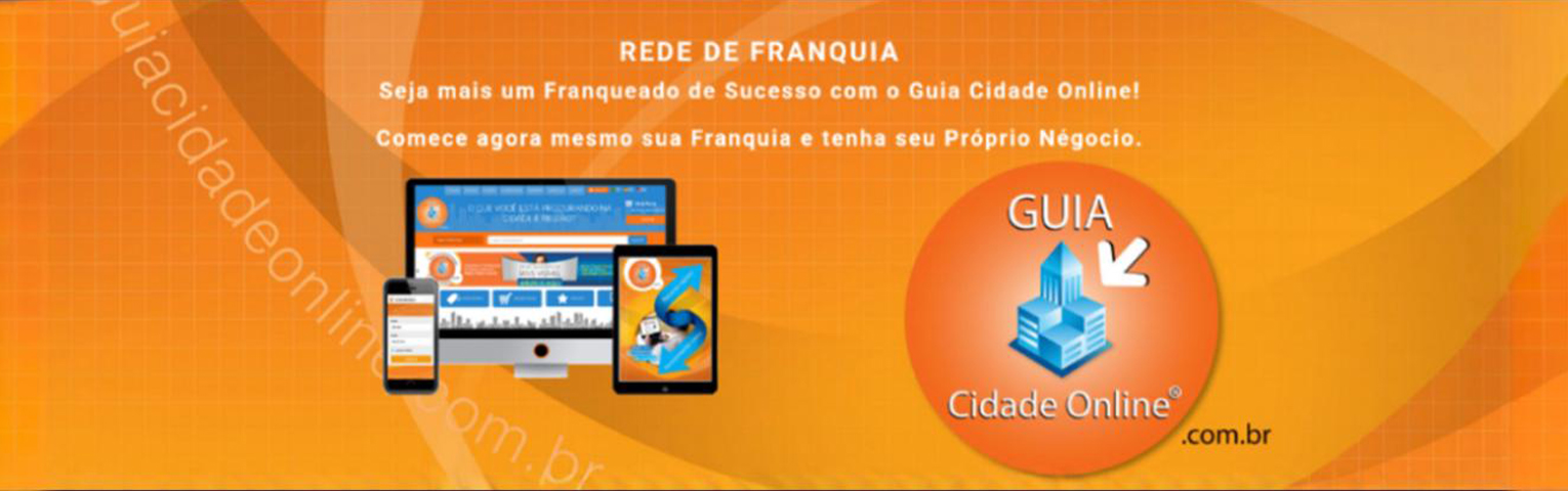 Banner da franquia Guia Cidade Online mostrando slogan, logo e dispositivos com o portal.